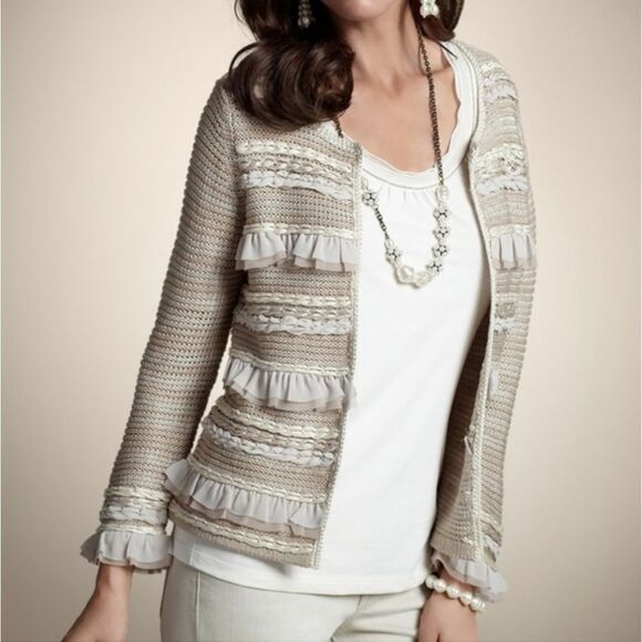 Chico's Tan/Cream Ravishing Ruffles Cardigan Sweater - Picture 1 of 12